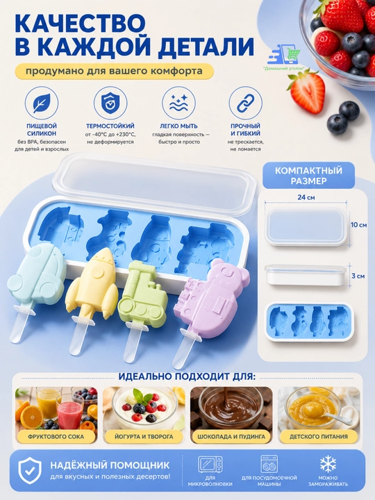 Форма для эскимо силиконовая с крышкой, 4 ячейки, 24×10×3 см для мороженого