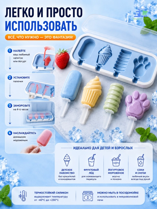 Форма для эскимо силиконовая с крышкой, 4 ячейки, 24×10×3 см для мороженого
