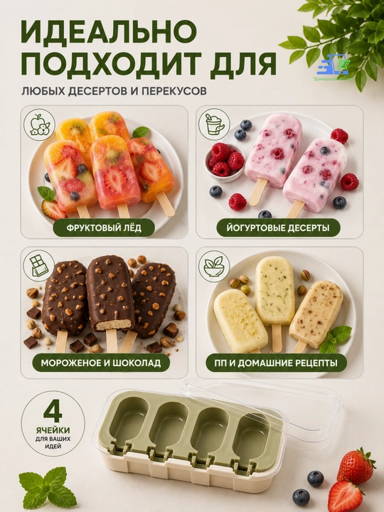 Форма для эскимо силиконовая с крышкой, 4 ячейки, 24×10×3 см для мороженого