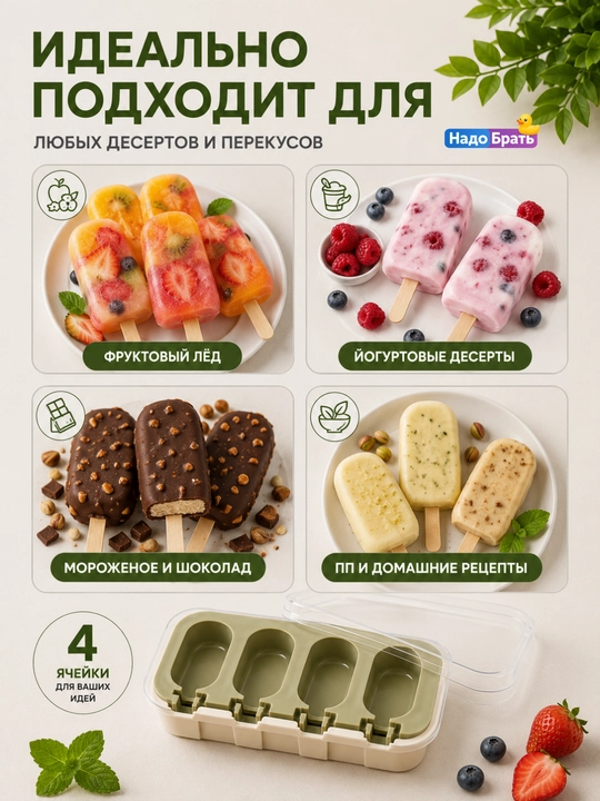 Форма для эскимо силиконовая с крышкой, 4 ячейки, 24×10×3 см для мороженого