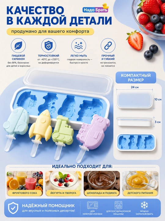 Форма для эскимо силиконовая с крышкой, 4 ячейки, 24×10×3 см для мороженого