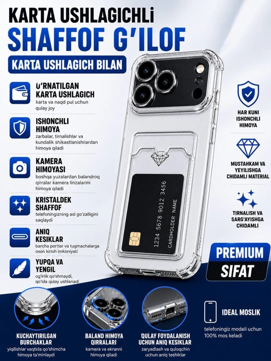 Прозрачный чехол с картхолдером для 17 pro, 17 pro max,17 air, 16 pro, 16 pro max,