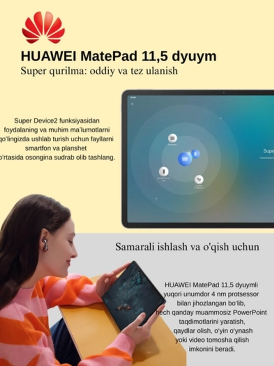 Planshet HUAWEI MatePad, 11,5", 120 Hz ekran, PaperMatte displey, HiSiliconKirinT82B