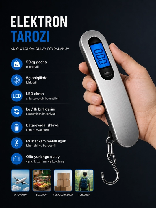 Elektron qo‘l tarozi, 50 kg gacha. HD displey, 2 rejim (kg/lb), mustahkam ilgak