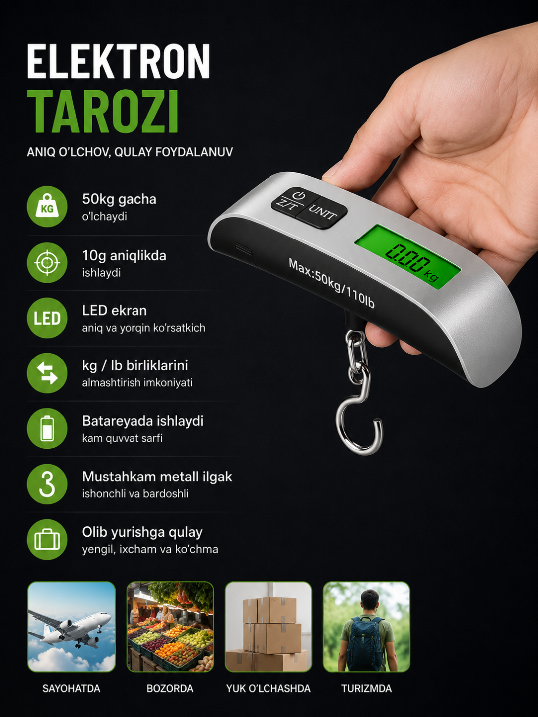 Elektron qo‘l tarozi, 50 kg gacha. HD displey, 2 rejim (kg/lb), mustahkam ilgak