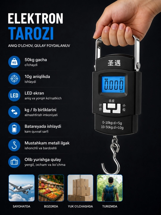 Elektron qo‘l tarozi, 50 kg gacha. HD displey, 2 rejim (kg/lb), mustahkam ilgak