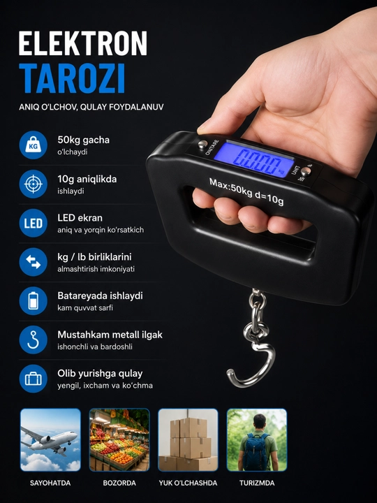 Elektron qo‘l tarozi, 50 kg gacha. HD displey, 2 rejim (kg/lb), mustahkam ilgak