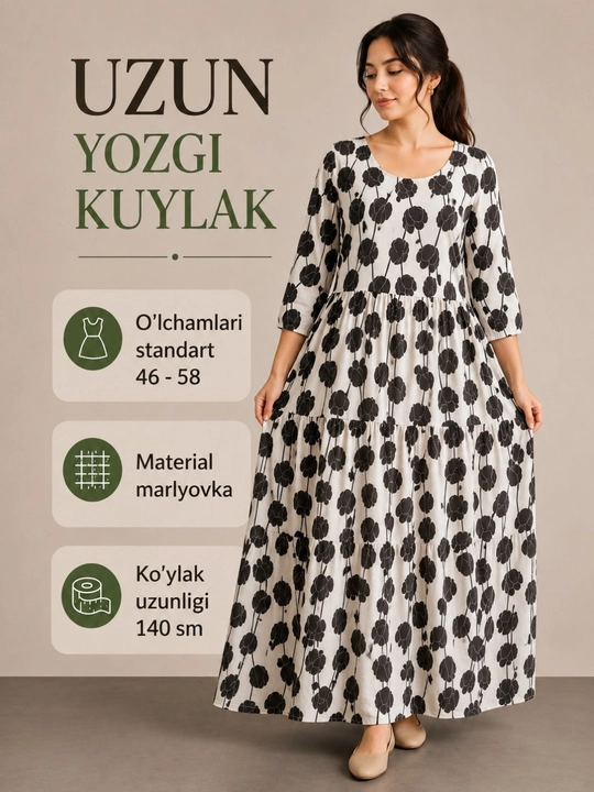 Uzun yengli, erkin bichimli, 48-60 standartli, marlyovka, ayollar yozgi ko‘ylagi