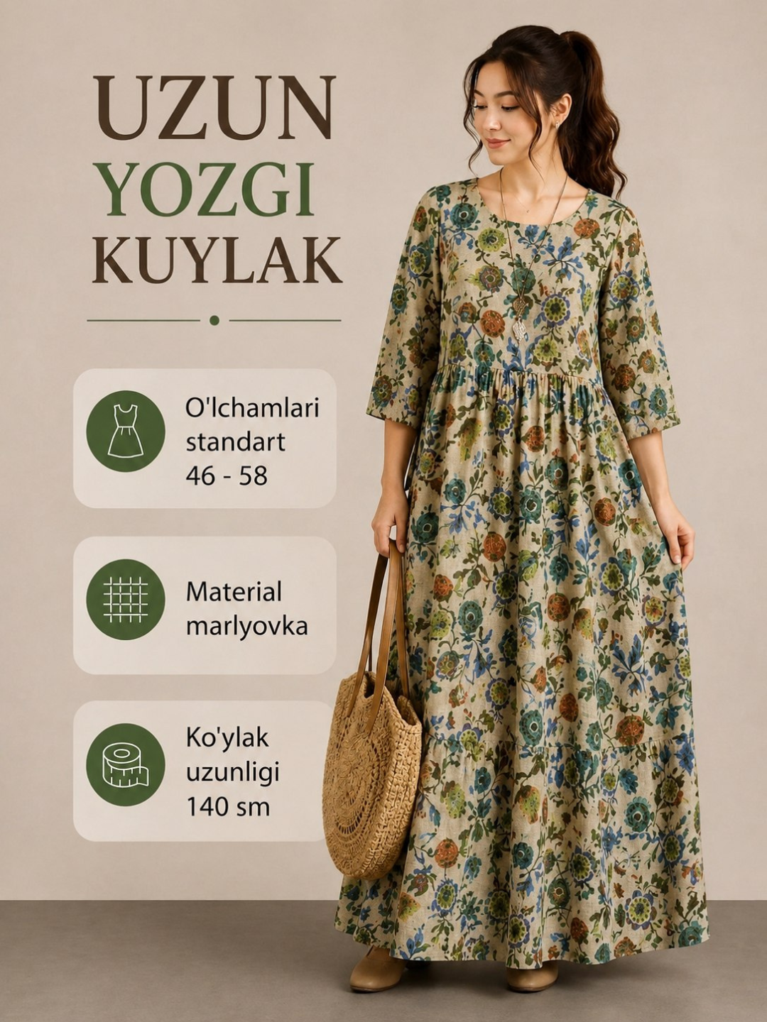 Gulli naqshli, dokali, erkin bichimli uzun ayollar yozgi ko‘ylagi, 46-58-o‘lcham - 