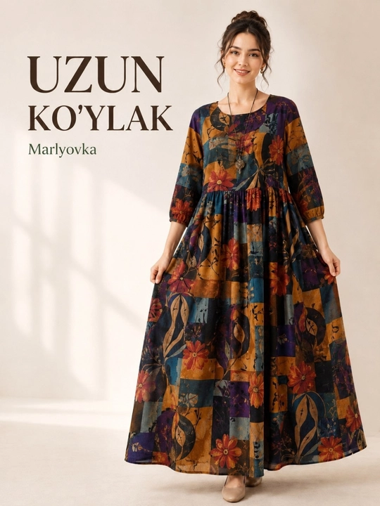 Gulli naqshli, dokali, erkin bichimli uzun ayollar yozgi ko‘ylagi, 46-58-o‘lcham