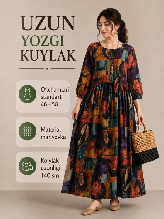 Gulli naqshli, dokali, erkin bichimli uzun ayollar yozgi ko‘ylagi, 46-58-o‘lcham