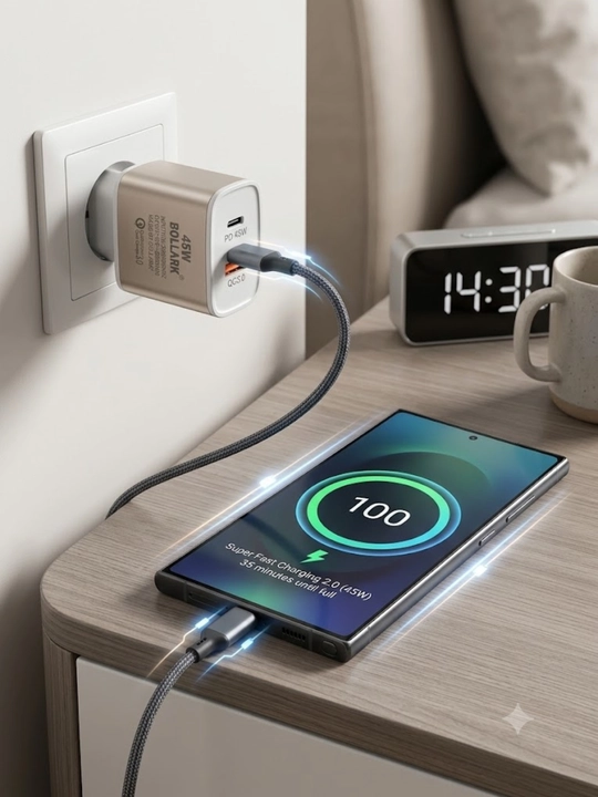 Zaryadlash adapteri BOLLARK 45W, tezkor quvvatlash bloki, Type-C va USB port, zaryadnik