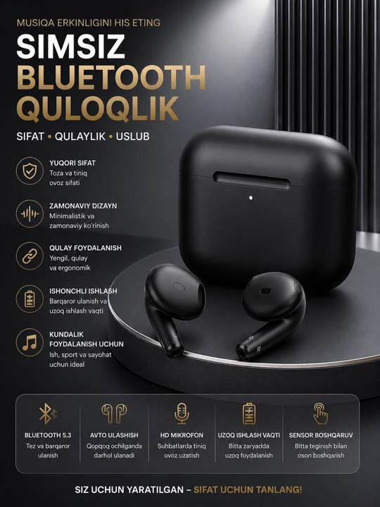 Simsiz Bluetooth Quloqlik – Bluetooth 5.3, Sensor Boshqaruv va HD Stereo Ovoz - 