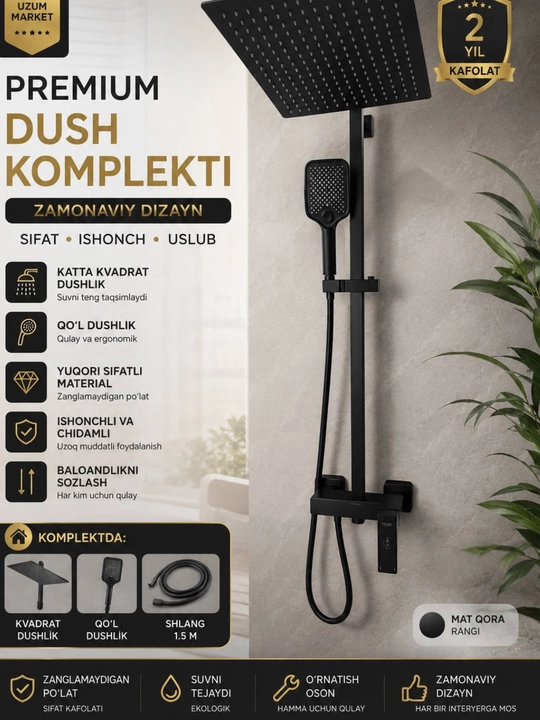 Dush komplekti, qora dush tizimi, kvadrat dushlik, qo'l dushligi, vannaxona dushi
