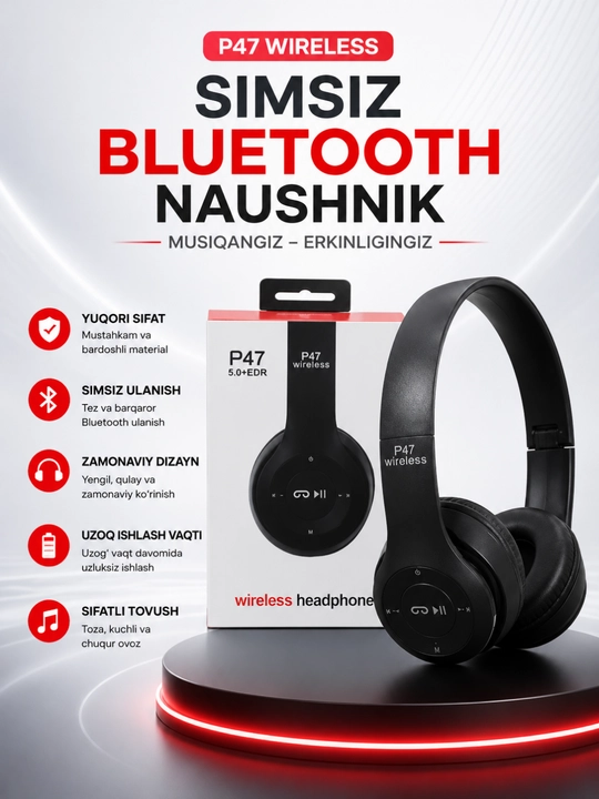 Беспроводные наушники P47 Bluetooth со стереозвуком, TF-картой, AUX и микрофоном - 