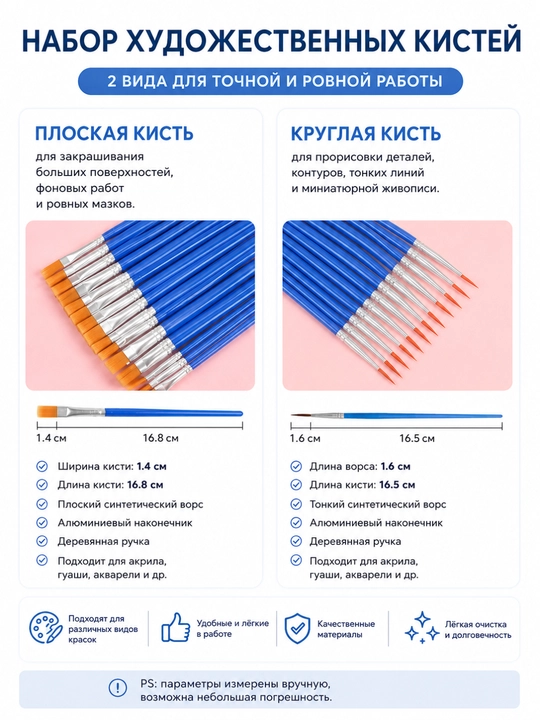 Кисть для рисования и творчества художественная, плоская или тонкая круглая