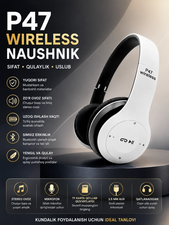 P47 Wireless Bluetooth Quloqchin – Stereo Ovoz, Mikrofon, TF Karta va AUX Ulanish - 
