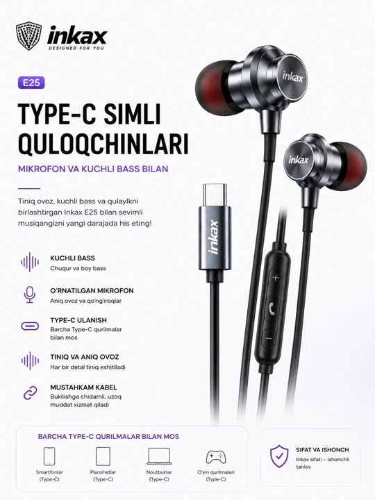 Inkax E25 Type-C simli quloqchinlari mikrofon va kuchli bass bilan - 