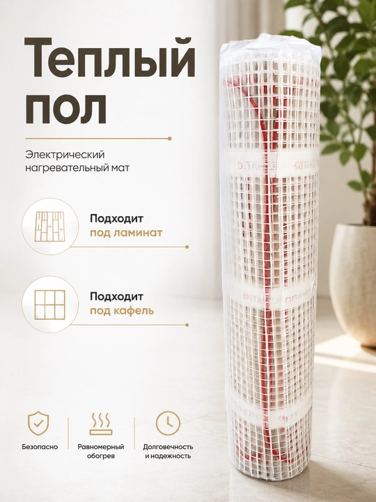 Теплый пол CLIMATIQ 150 Вт/м², тонкий греющий мат под ламинат и кафель - 