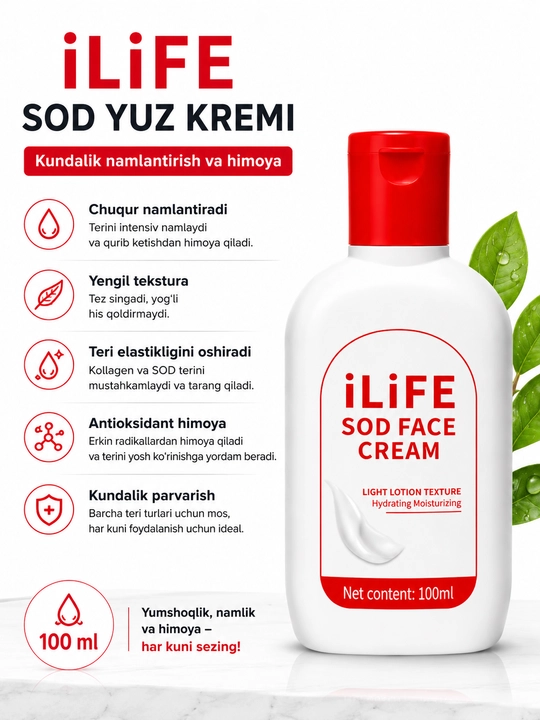 GREENLEAF, ILiFE Protein va asal qo‘shilgan yuz uchun krem SOD, 100 ml