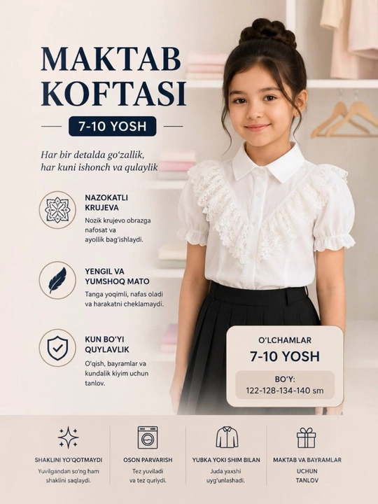 Maktab koftasi qizlar uchun 7–10 yosh, oq krujevali maktab bluzkasi