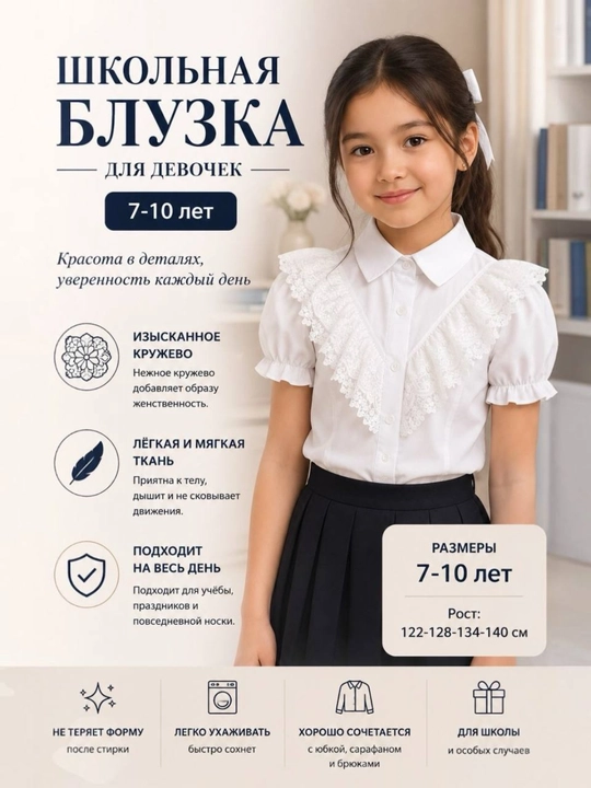 Maktab koftasi qizlar uchun 7–10 yosh, oq krujevali maktab bluzkasi
