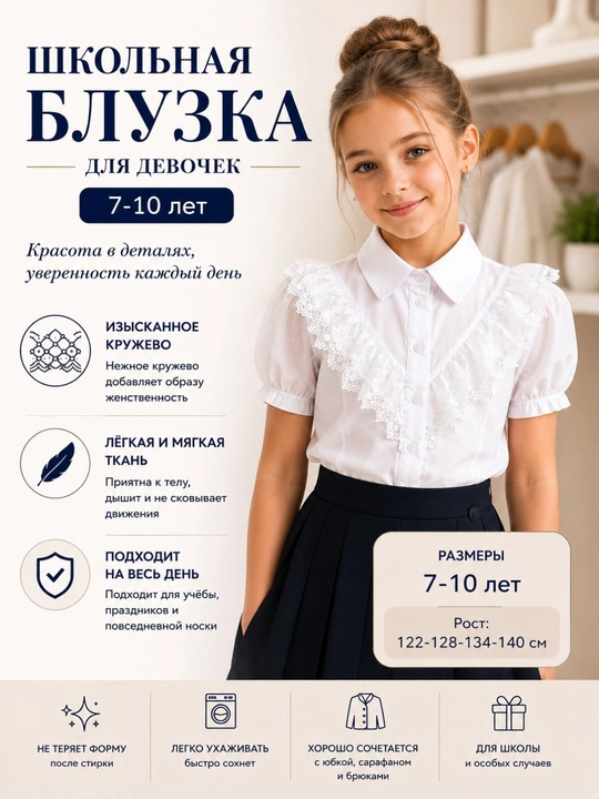 Maktab koftasi qizlar uchun 7–10 yosh, oq krujevali maktab bluzkasi - 