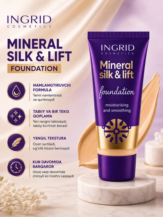 Тональный крем INGRID Mineral Silk & Lift, увлажняющий, натуральное покрытие, 5 оттенков - 