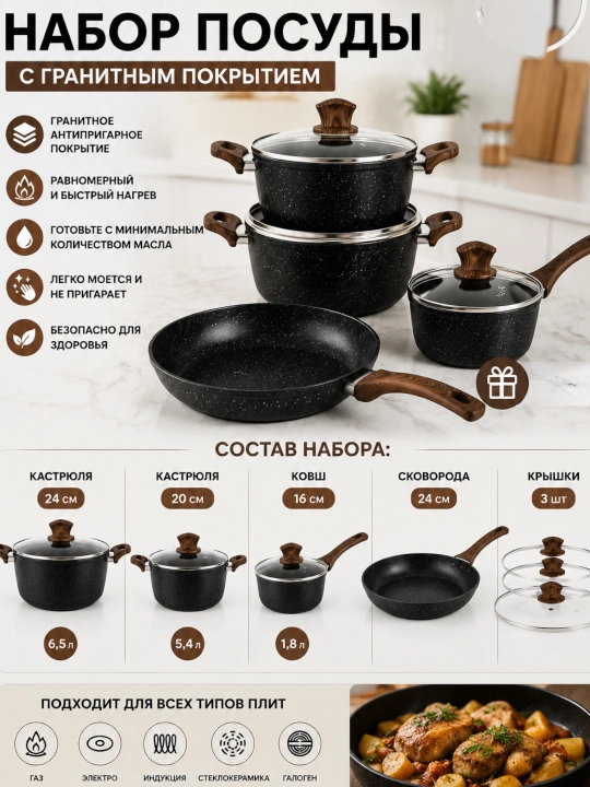 Набор посуды HotChef из 7 предметов с гранитным антипригарным покрытием