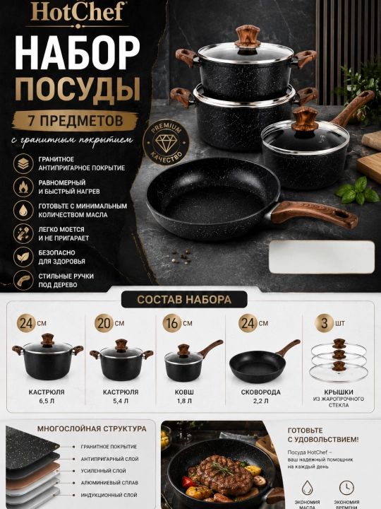 Набор посуды HotChef из 7 предметов с гранитным антипригарным покрытием