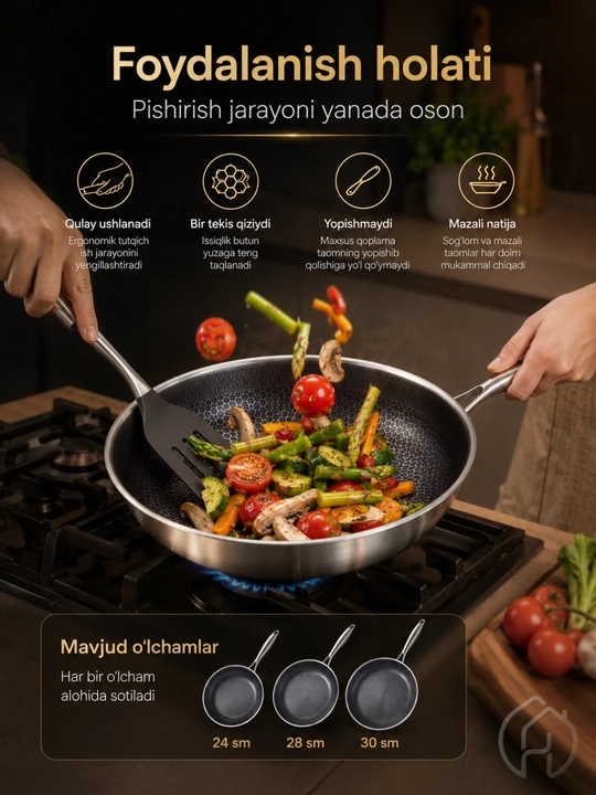 Yopishmaydigan skovorodka 24, 28, 30 sm, qalin metall, metall dastali db-6-131