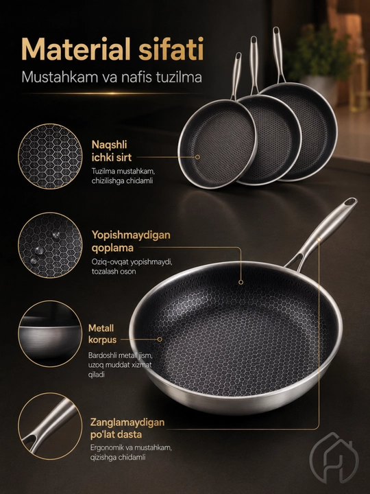 Yopishmaydigan skovorodka 24, 28, 30 sm, qalin metall, metall dastali db-6-131