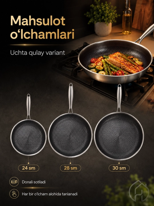 Yopishmaydigan skovorodka 24, 28, 30 sm, qalin metall, metall dastali db-6-131