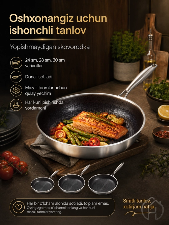 Yopishmaydigan skovorodka 24, 28, 30 sm, qalin metall, metall dastali db-6-131