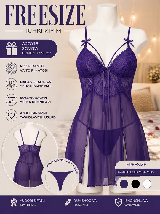 Женский пеньюар Free Size – кружевной прозрачный комплект с трусиками - 