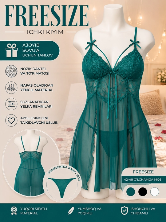Женский пеньюар Free Size – кружевной прозрачный комплект с трусиками - 