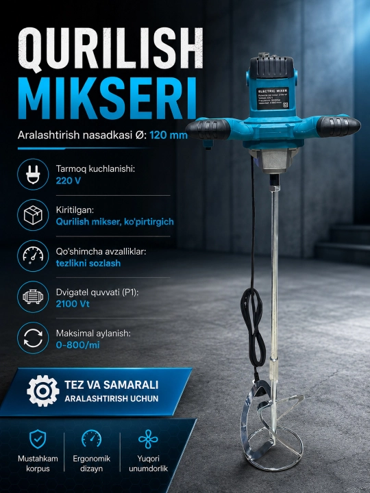 Mikser qurilish, qo'shimchalar bilan qo'lda, sozlash bilan drell-mikser,   2100 wt