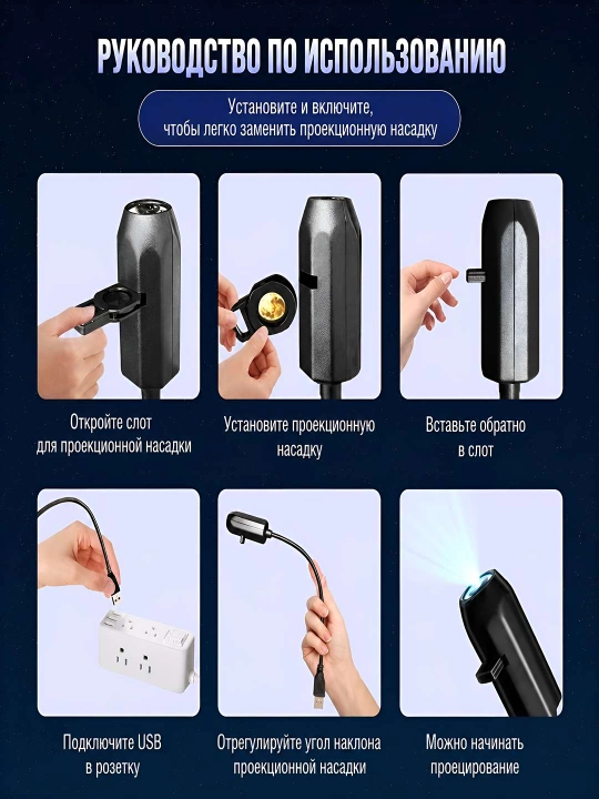 LED проектор Космос 360° с 10 насадками Планеты USB