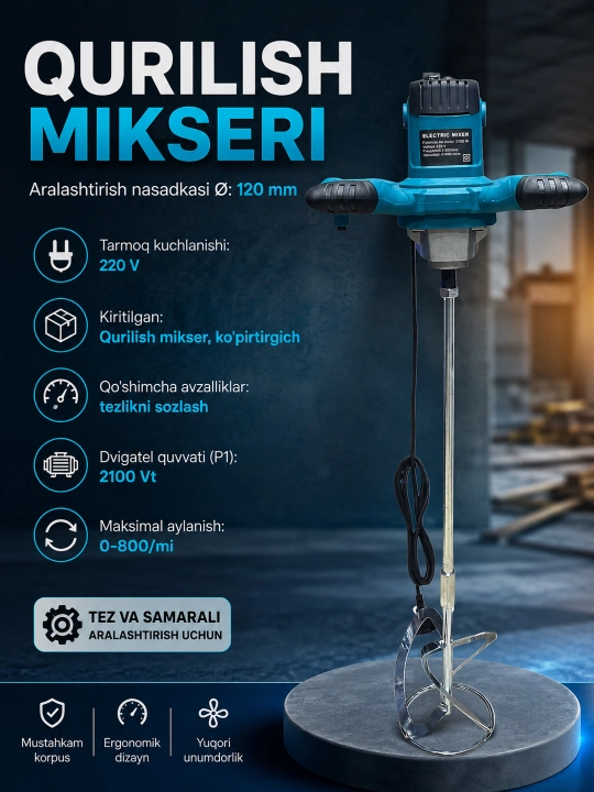 Mikser qurilish, qo'shimchalar bilan qo'lda, sozlash bilan drell-mikser,   2100 wt - 