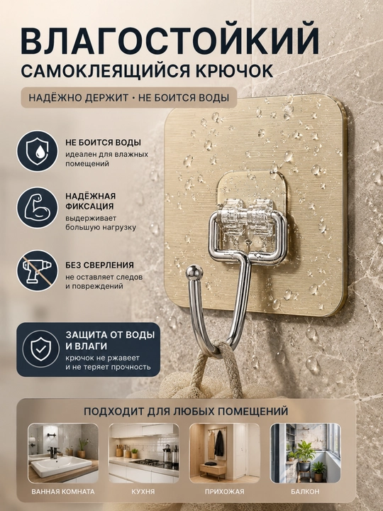 Самоклеящиеся крючки для ванной и кухни из нержавеющей стали, набор 4 шт