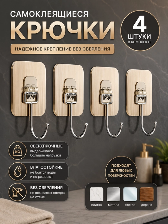 Самоклеящиеся крючки для ванной и кухни из нержавеющей стали, набор 4 шт - 