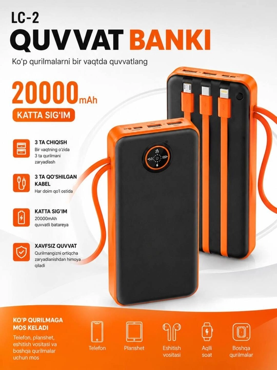 Tashqi akkumulyator, 20000mA 22.5W tezkor quvvat 100% - 
