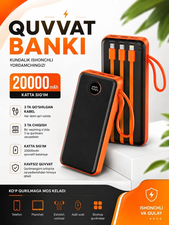 Tashqi akkumulyator, 20000mA 22.5W tezkor quvvat 100%