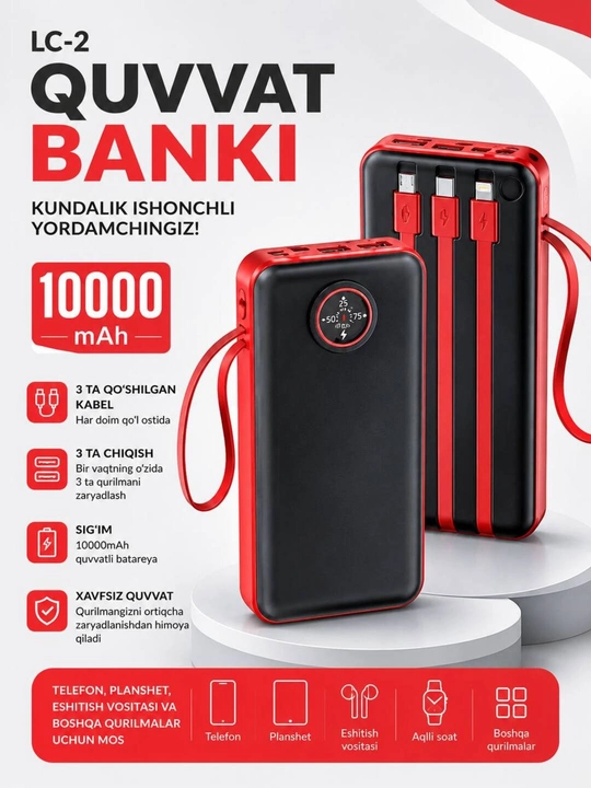 Powerbank 10000 mAh, 22.5W, , USB zaryadlovchi, tashqi akkumulyator - 