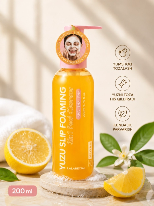 Yuzu yuz yuvish ko‘pigi 200 ml, 3 in 1 peeling cleanser, yuzni tozalash va parvarish - 