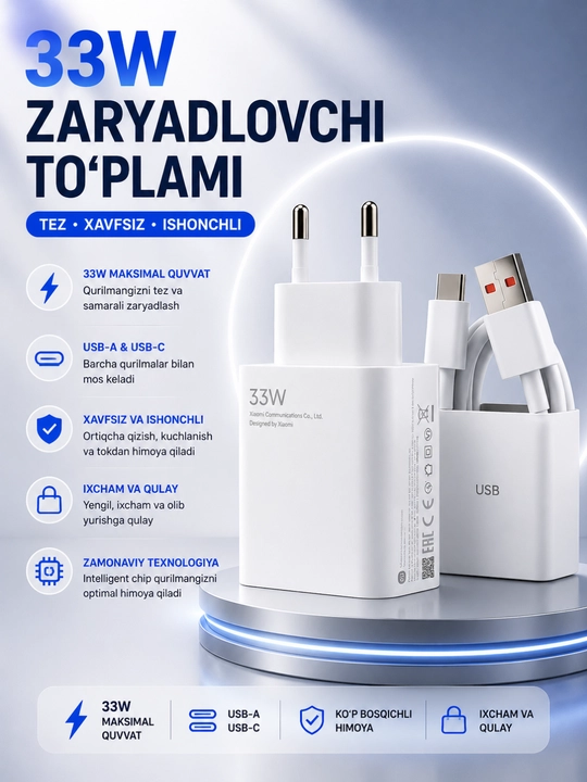 Быстрое зарядное устройство 33W / 67W / 120W с USB-C кабелем и адаптером - 