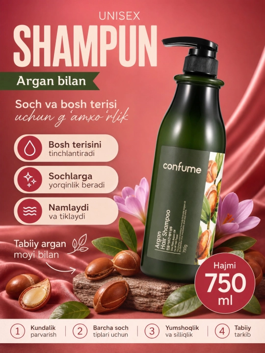 Универсальный шампунь для волос, Confume, Argan, Rose, 750 мл