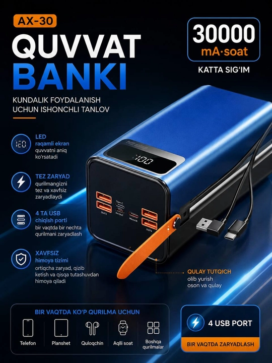 AX-30 tashqi akkumulyatori 30000 mA/soat - 