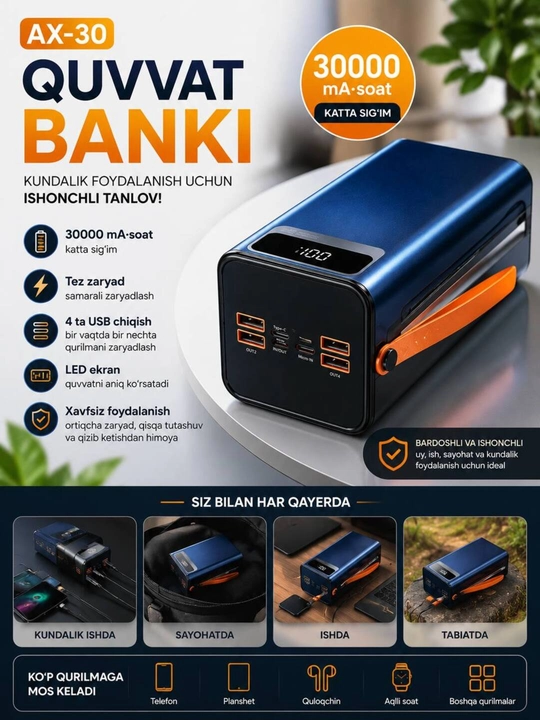 AX-30 tashqi akkumulyatori 30000 mA/soat