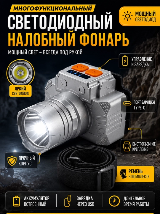 Многофункциональный светодиодный налобный фонарь с USB Type-C — легкий, яркий - 